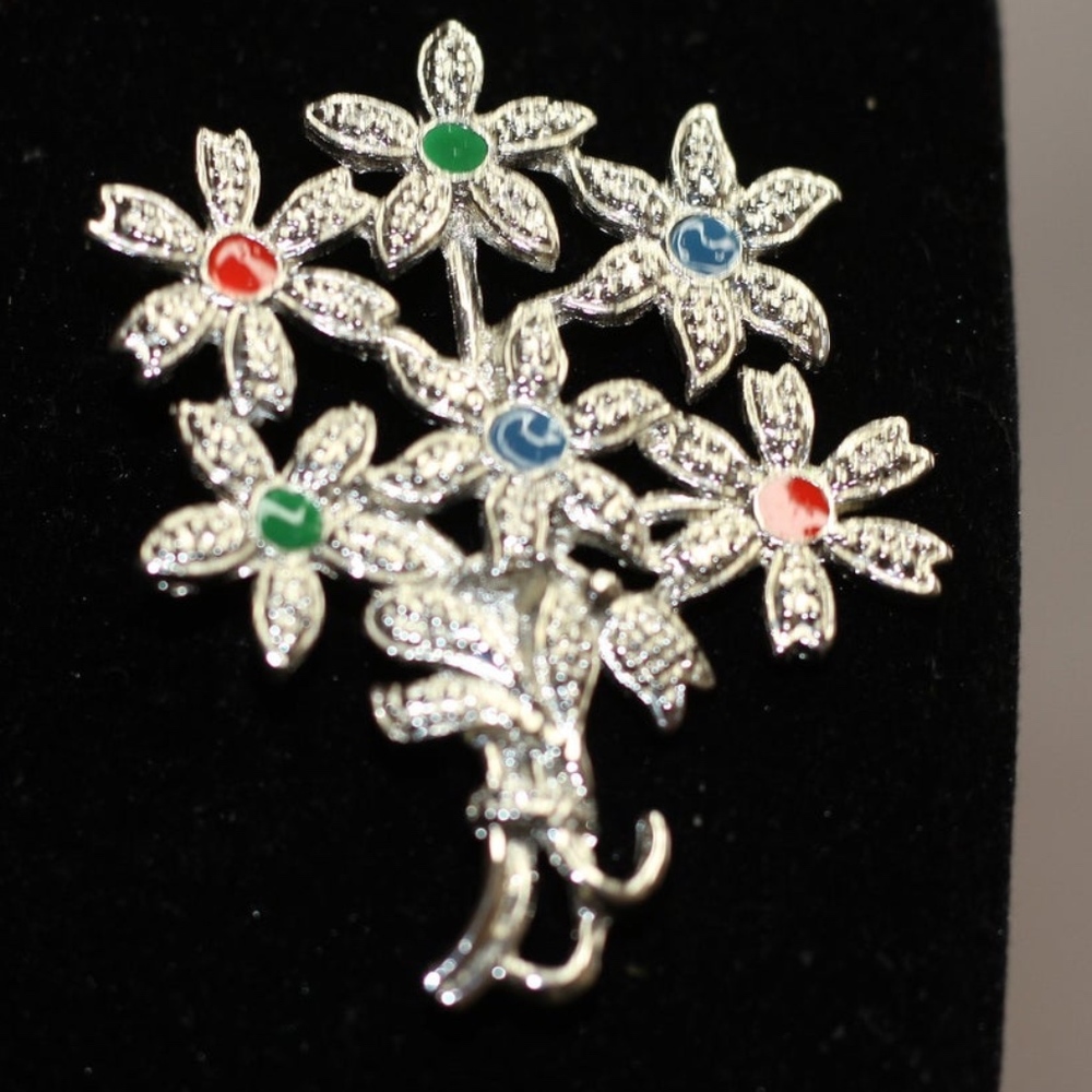 Multi Color Floral Silver Brooch
